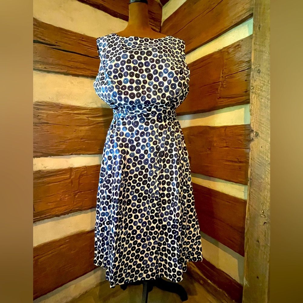 Anne Klein Navy and White Circle Print Midi Dress